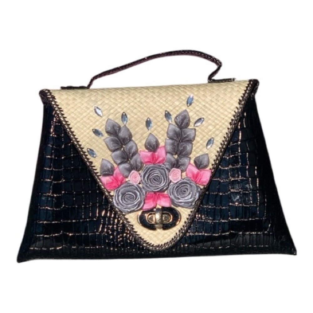 Hand‎ Made Blk Eco Friendly Croco Embossed Pandan Woven Clutch Bag Floral Design